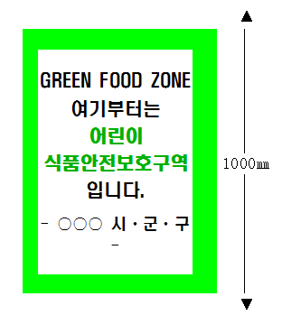 어린이 식품안전보호구역을 나타내는 세로형 표지판으로 사각형 테투리는 연두색이고 GRREN FOOD ZONE 여기부터는 어린이 식품안전보호구역입니다. 라는 문구가 적혀있는 그림입니다.